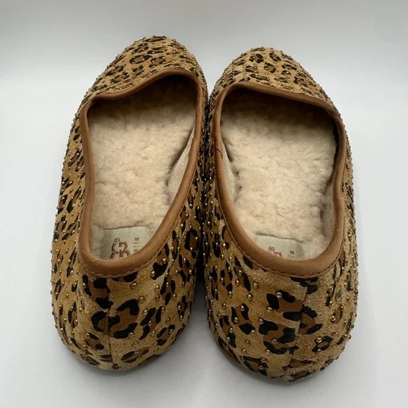 UGG Women's Leopard Print Tan Suede Slip-On Flats with Shearling - Picture 6 of 11